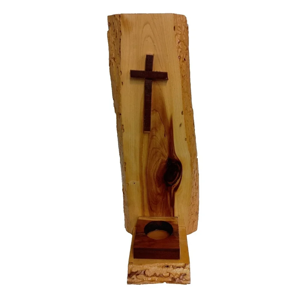 Vintage 3D Cross Wood Candle Holder Wall Hanging Handmade Lacquered Religious
